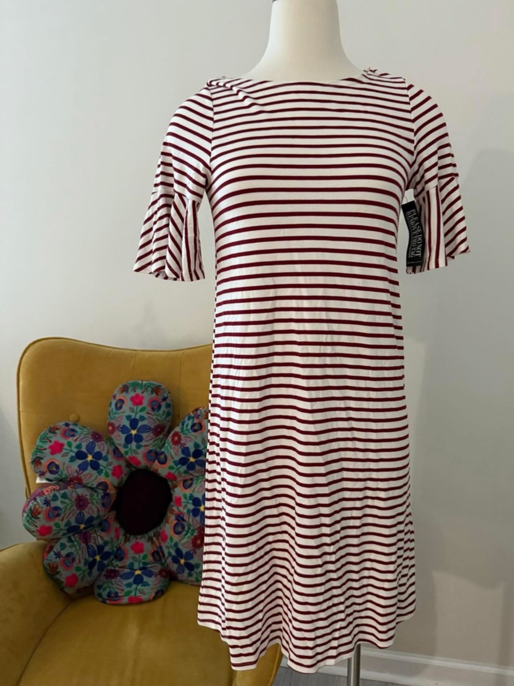 New York & Company White and Burgundy Striped Midi Dress